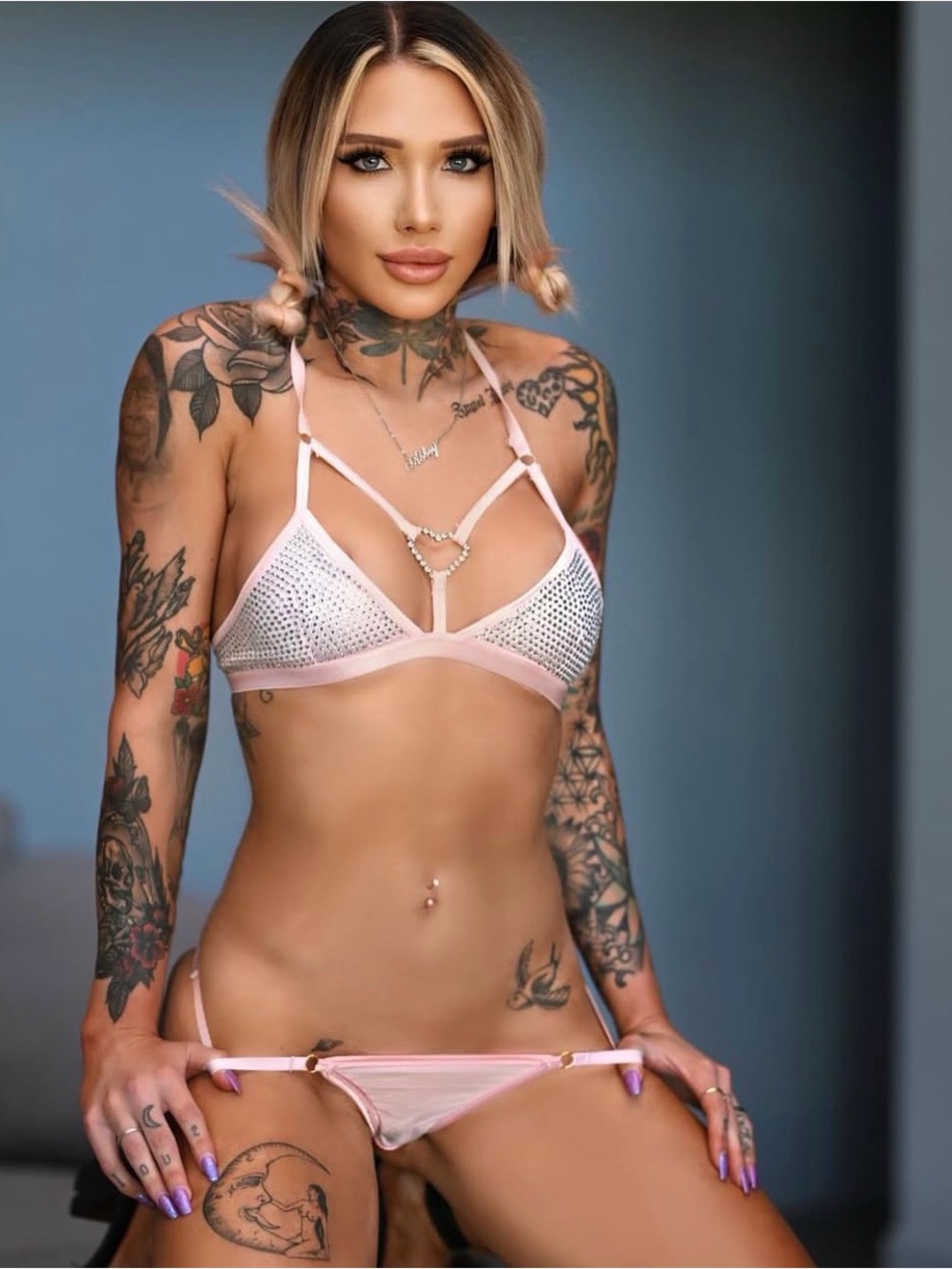 Sugar Thrillz Pink Satin Rhinestone Bralette and Lace-Embellished Thong